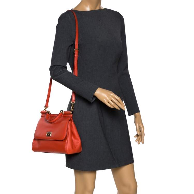 Pre Owned Dolce & Gabbana Orange Leather Medium Miss Sicily Top Handle Bag