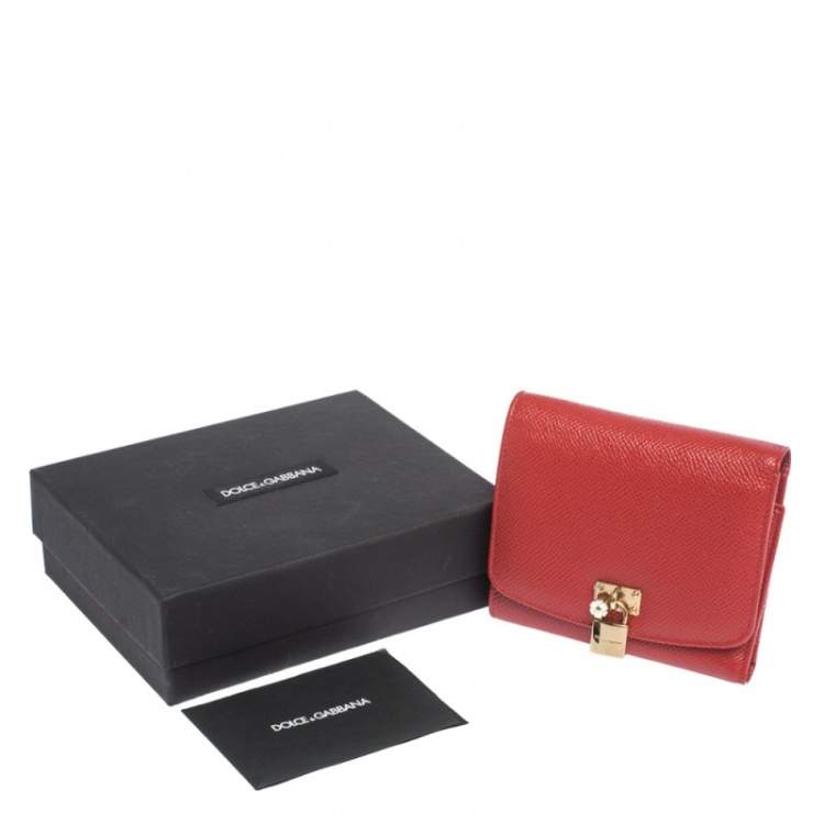 Pre Owned Dolce & Gabbana Red Leather Padlock Trifold Compact Wallet