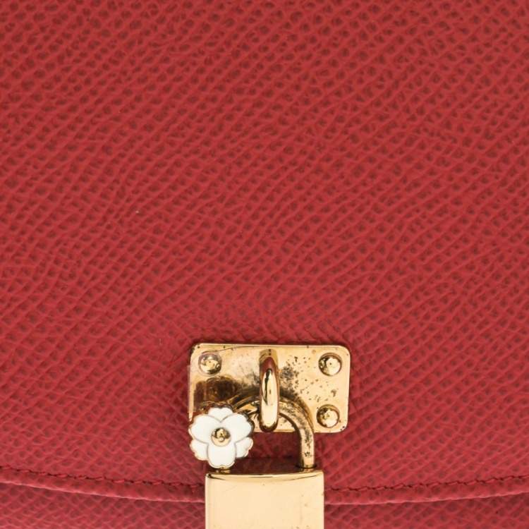 Pre Owned Dolce & Gabbana Red Leather Padlock Trifold Compact Wallet