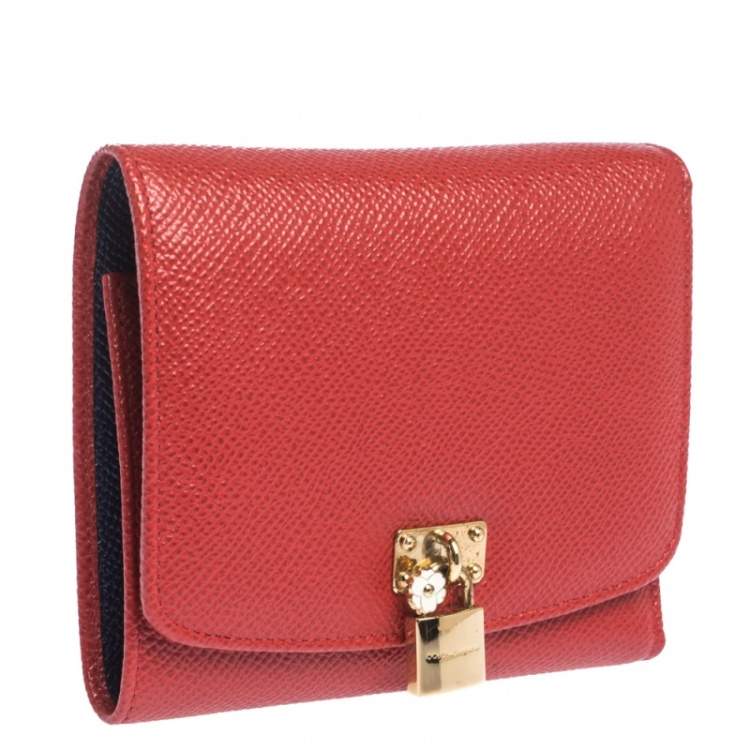 Pre Owned Dolce & Gabbana Red Leather Padlock Trifold Compact Wallet