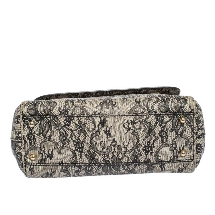 مملوكة مسبقًا Dolce & Gabbana Black/Ivory Lace Print Leather Medium Miss Sicily Top Handle Bag