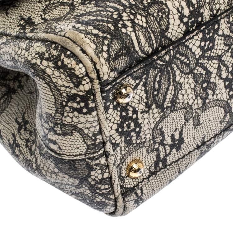 مملوكة مسبقًا Dolce & Gabbana Black/Ivory Lace Print Leather Medium Miss Sicily Top Handle Bag