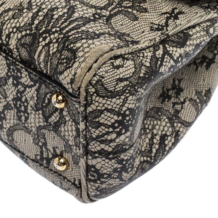 مملوكة مسبقًا Dolce & Gabbana Black/Ivory Lace Print Leather Medium Miss Sicily Top Handle Bag