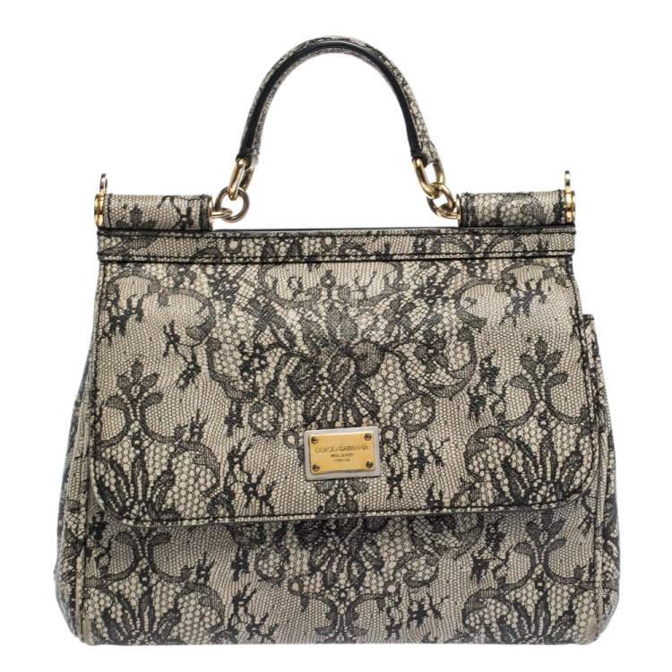 مملوكة مسبقًا Dolce & Gabbana Black/Ivory Lace Print Leather Medium Miss Sicily Top Handle Bag