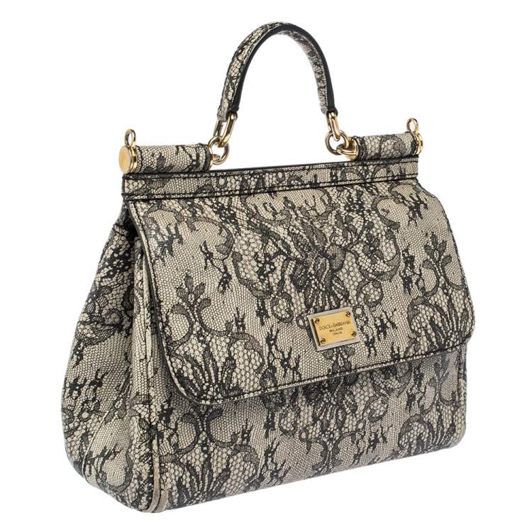 مملوكة مسبقًا Dolce & Gabbana Black/Ivory Lace Print Leather Medium Miss Sicily Top Handle Bag