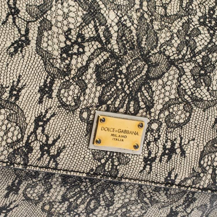 مملوكة مسبقًا Dolce & Gabbana Black/Ivory Lace Print Leather Medium Miss Sicily Top Handle Bag