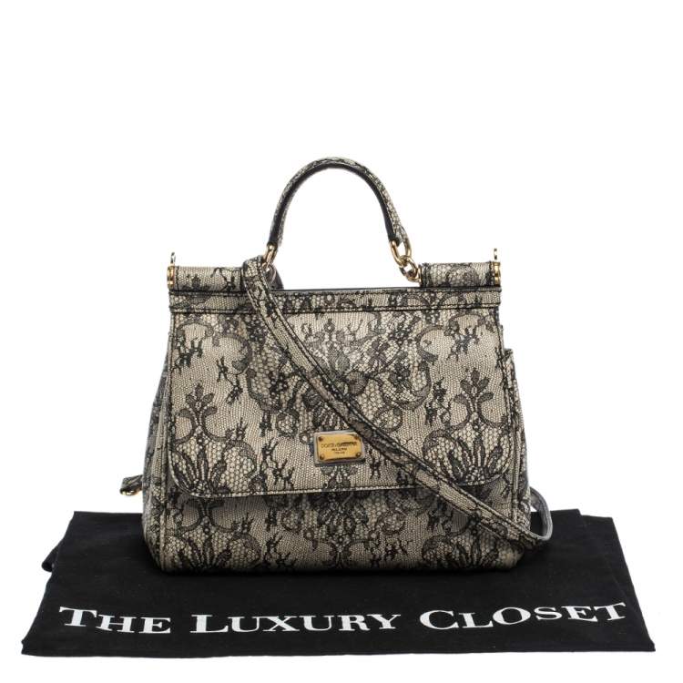 مملوكة مسبقًا Dolce & Gabbana Black/Ivory Lace Print Leather Medium Miss Sicily Top Handle Bag