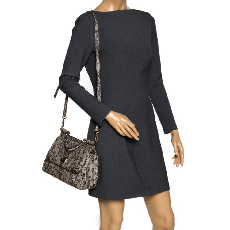 مملوكة مسبقًا Dolce & Gabbana Black/Ivory Lace Print Leather Medium Miss Sicily Top Handle Bag