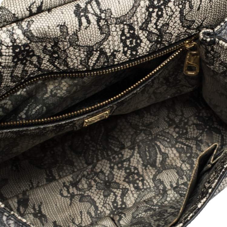 مملوكة مسبقًا Dolce & Gabbana Black/Ivory Lace Print Leather Medium Miss Sicily Top Handle Bag