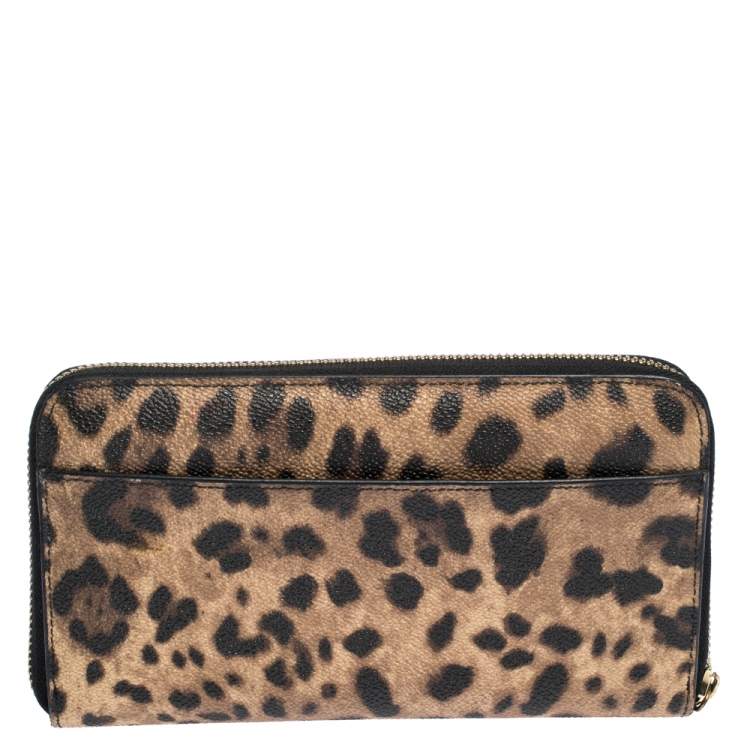 Pre Owned Dolce & Gabbana Leopard Print Coated Canvas Zip Around Wallet