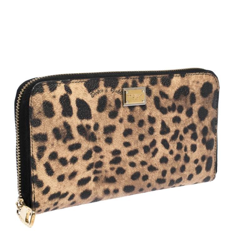 Pre Owned Dolce & Gabbana Leopard Print Coated Canvas Zip Around Wallet