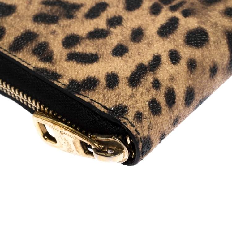 Pre Owned Dolce & Gabbana Leopard Print Coated Canvas Zip Around Wallet