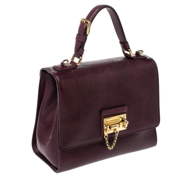 Pre Owned Dolce & Gabbana Burgundy Lizard Embossed Leather Medium Miss Monica Top Handle Bag