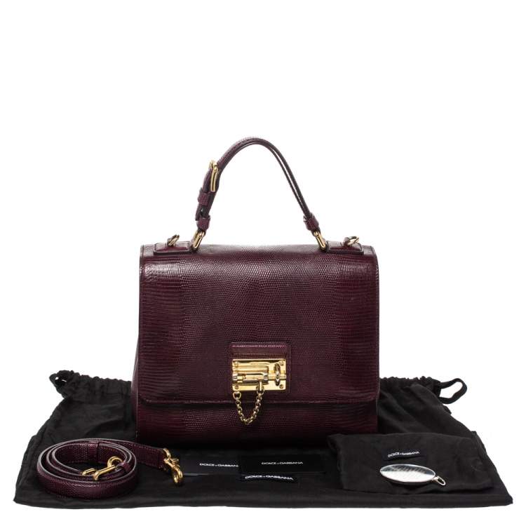 Pre Owned Dolce & Gabbana Burgundy Lizard Embossed Leather Medium Miss Monica Top Handle Bag