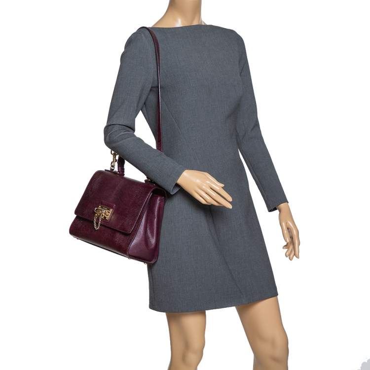 Pre Owned Dolce & Gabbana Burgundy Lizard Embossed Leather Medium Miss Monica Top Handle Bag