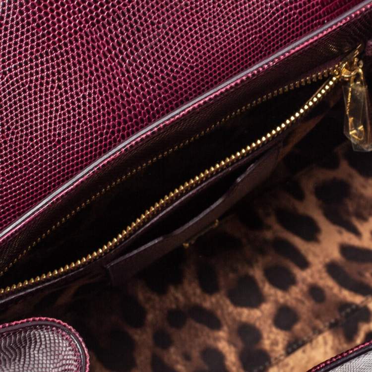 Pre Owned Dolce & Gabbana Burgundy Lizard Embossed Leather Medium Miss Monica Top Handle Bag
