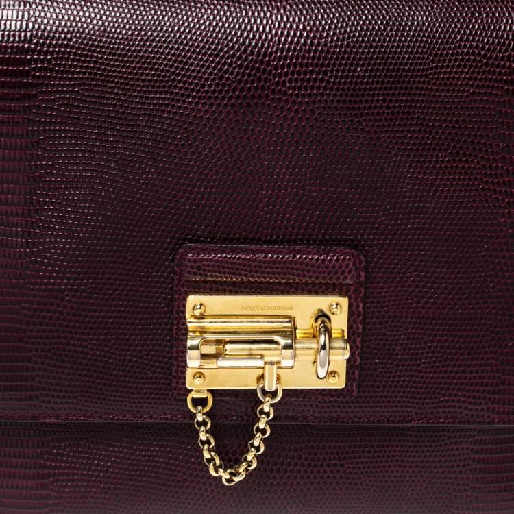 Pre Owned Dolce & Gabbana Burgundy Lizard Embossed Leather Medium Miss Monica Top Handle Bag