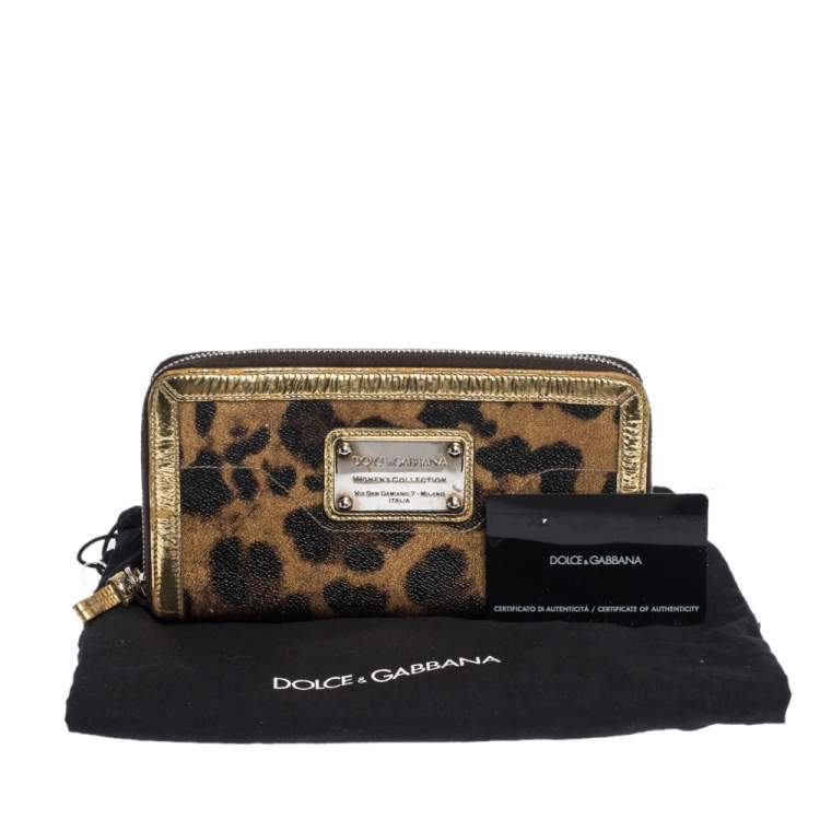 Pre Owned Dolce & Gabbana Brown/Black Leopard Print Coated Canvas and Patent Leather Zip Around Wallet