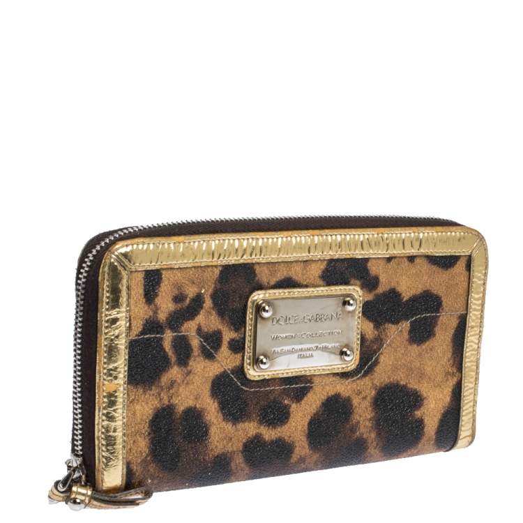 Pre Owned Dolce & Gabbana Brown/Black Leopard Print Coated Canvas and Patent Leather Zip Around Wallet