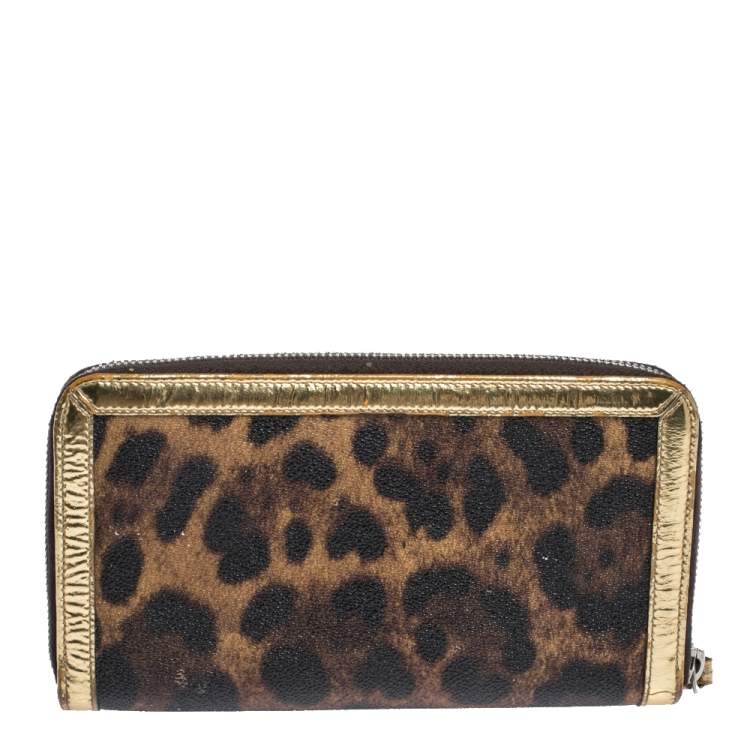 Pre Owned Dolce & Gabbana Brown/Black Leopard Print Coated Canvas and Patent Leather Zip Around Wallet