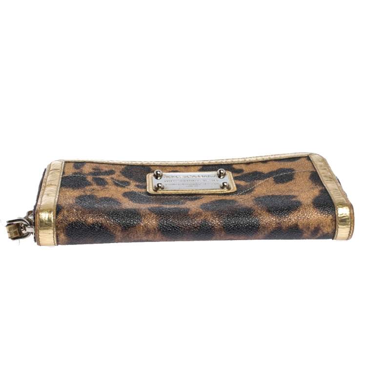 Pre Owned Dolce & Gabbana Brown/Black Leopard Print Coated Canvas and Patent Leather Zip Around Wallet