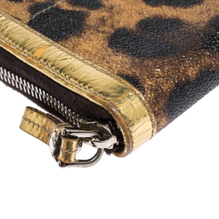 Pre Owned Dolce & Gabbana Brown/Black Leopard Print Coated Canvas and Patent Leather Zip Around Wallet