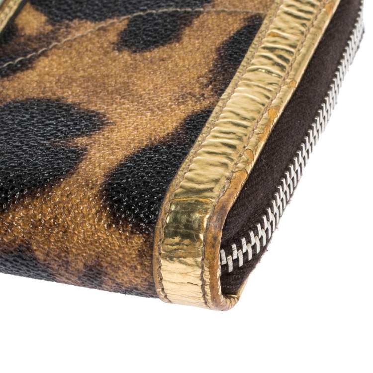 Pre Owned Dolce & Gabbana Brown/Black Leopard Print Coated Canvas and Patent Leather Zip Around Wallet