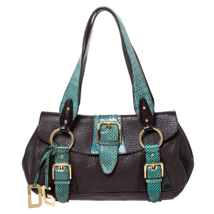 Pre Owned Dolce & Gabbana Brown/Green Leather and Ayers Buckle Flap Satchel