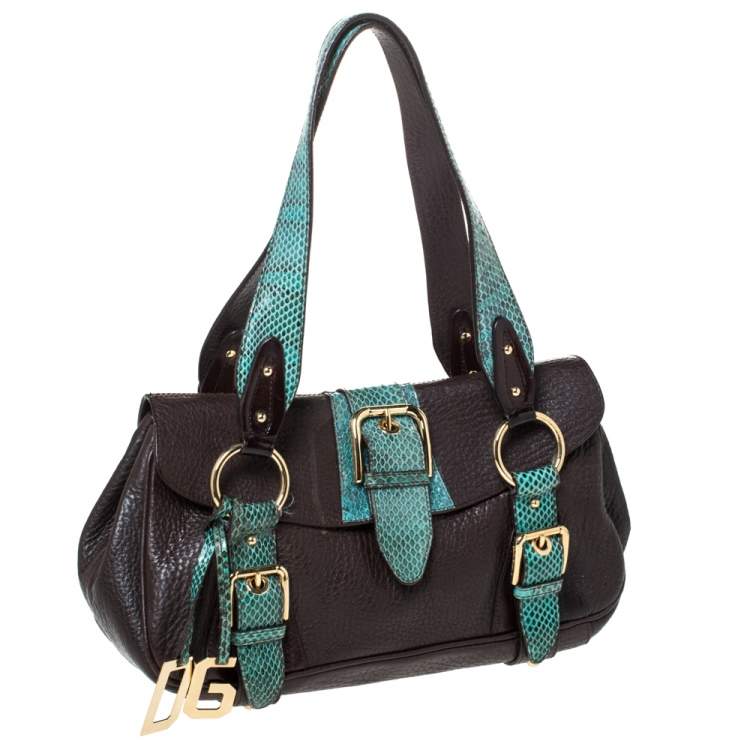 Pre Owned Dolce & Gabbana Brown/Green Leather and Ayers Buckle Flap Satchel