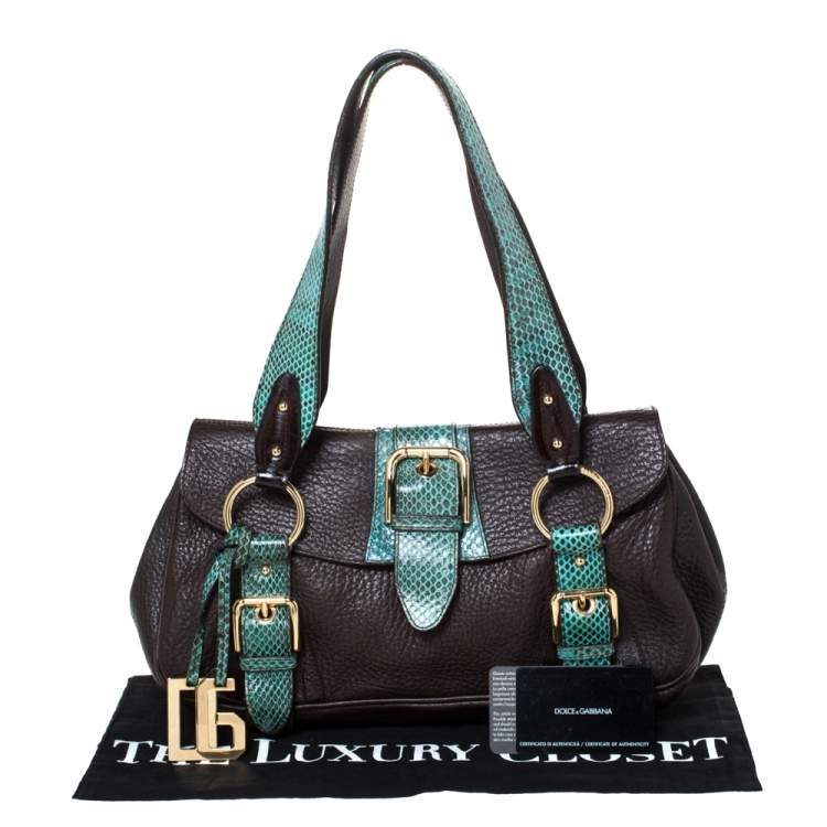 Pre Owned Dolce & Gabbana Brown/Green Leather and Ayers Buckle Flap Satchel