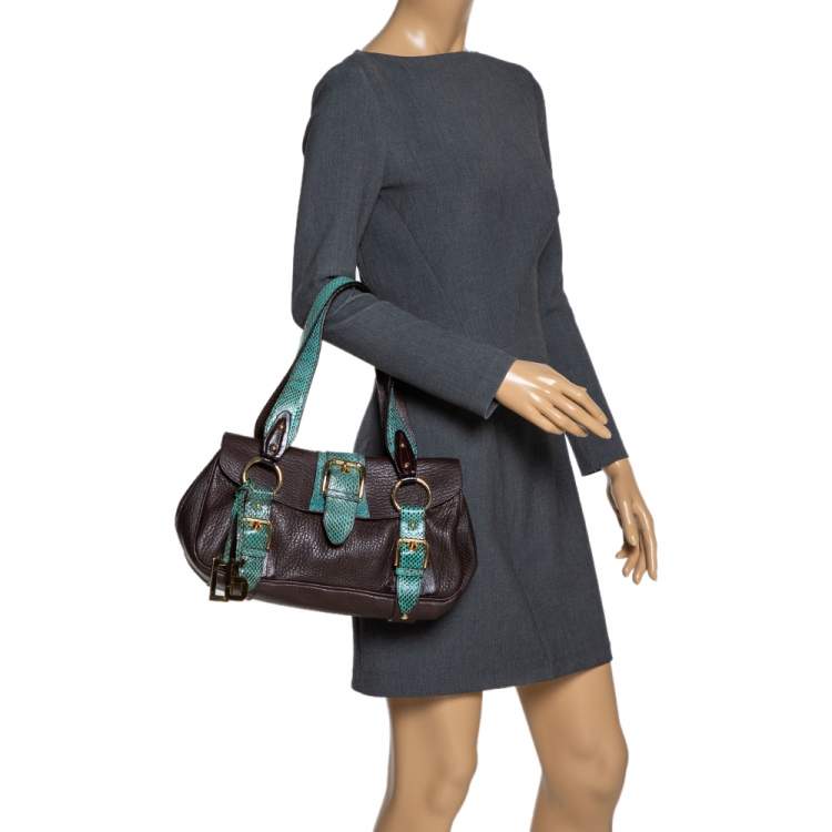 Pre Owned Dolce & Gabbana Brown/Green Leather and Ayers Buckle Flap Satchel