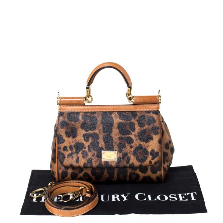 Pre Owned Dolce & Gabbana Brown Leopard Print Coated Canvas and Leather Miss Sicily Top Handle Bag