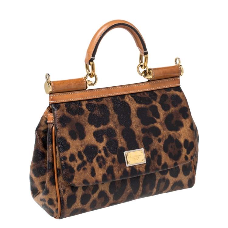 Pre Owned Dolce & Gabbana Brown Leopard Print Coated Canvas and Leather Miss Sicily Top Handle Bag
