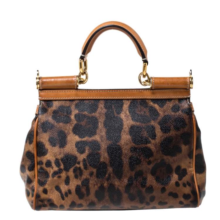 Pre Owned Dolce & Gabbana Brown Leopard Print Coated Canvas and Leather Miss Sicily Top Handle Bag