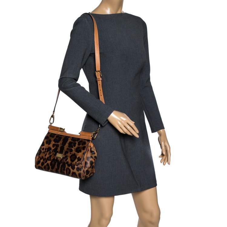 Pre Owned Dolce & Gabbana Brown Leopard Print Coated Canvas and Leather Miss Sicily Top Handle Bag