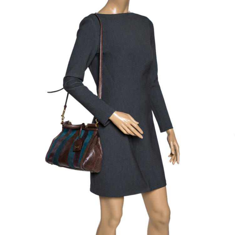 Pre Owned Dolce & Gabbana Brown/Teal Striped Suede and Python Medium Miss Sicily Top Handle Bag