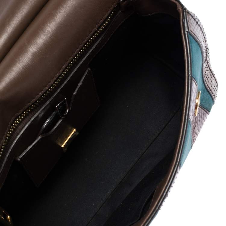 Pre Owned Dolce & Gabbana Brown/Teal Striped Suede and Python Medium Miss Sicily Top Handle Bag
