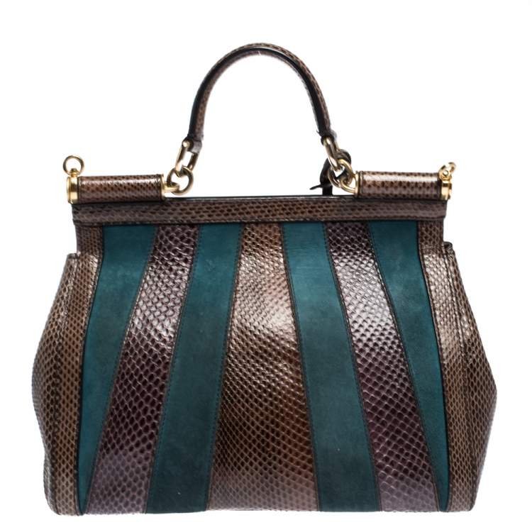 Pre Owned Dolce & Gabbana Brown/Teal Striped Suede and Python Medium Miss Sicily Top Handle Bag