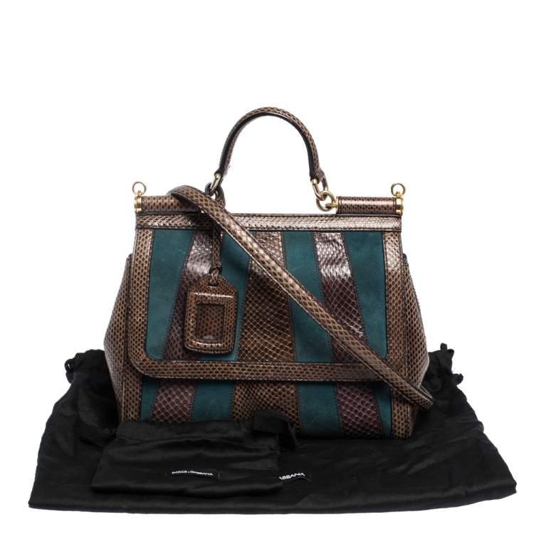 Pre Owned Dolce & Gabbana Brown/Teal Striped Suede and Python Medium Miss Sicily Top Handle Bag