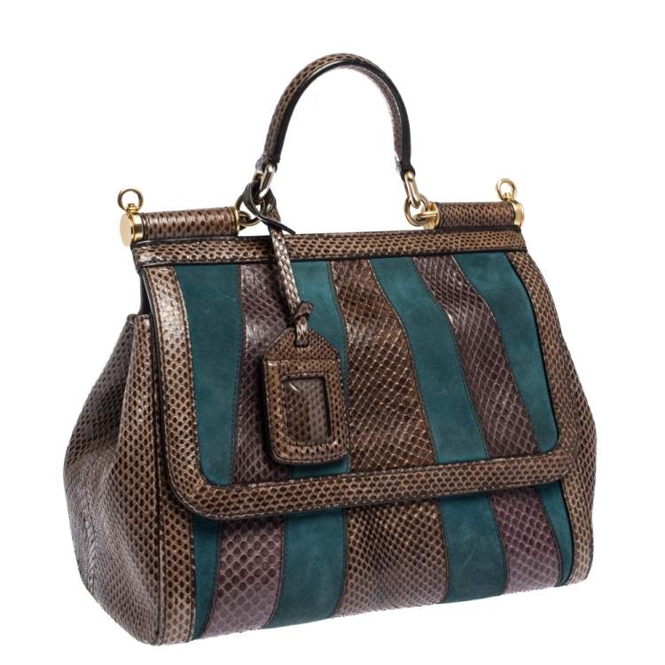 Pre Owned Dolce & Gabbana Brown/Teal Striped Suede and Python Medium Miss Sicily Top Handle Bag