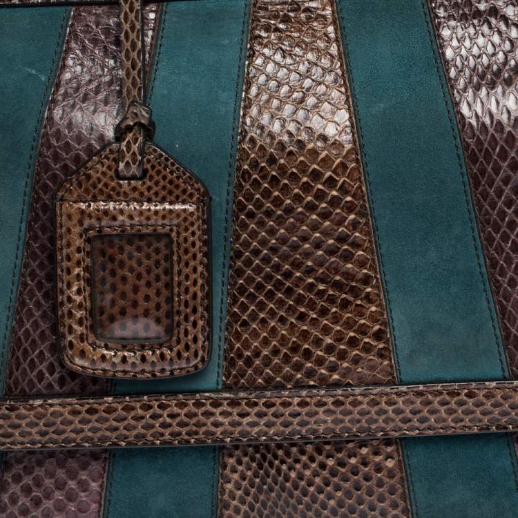 Pre Owned Dolce & Gabbana Brown/Teal Striped Suede and Python Medium Miss Sicily Top Handle Bag