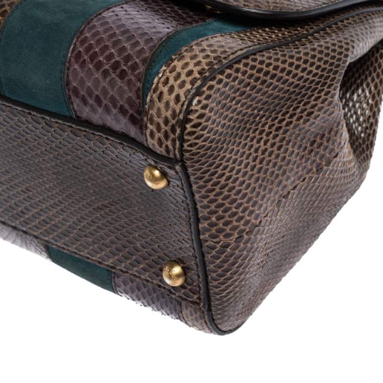 Pre Owned Dolce & Gabbana Brown/Teal Striped Suede and Python Medium Miss Sicily Top Handle Bag