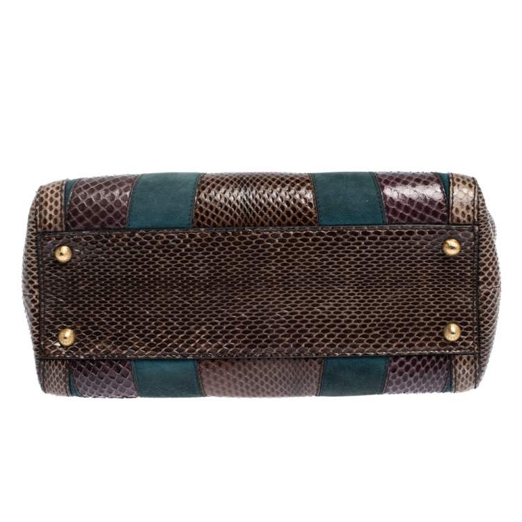 Pre Owned Dolce & Gabbana Brown/Teal Striped Suede and Python Medium Miss Sicily Top Handle Bag