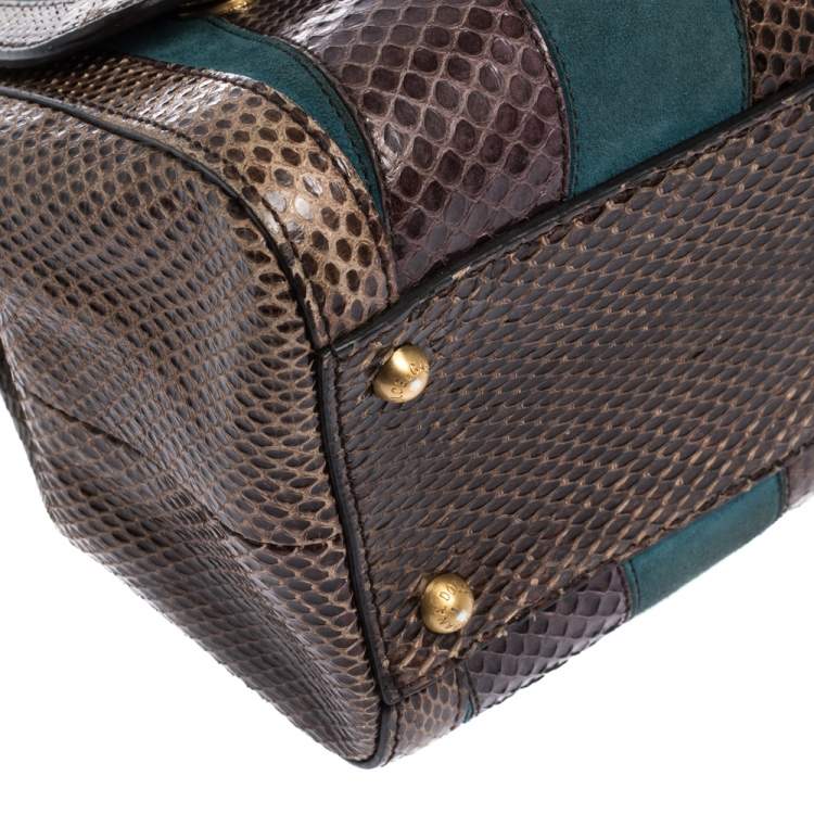 Pre Owned Dolce & Gabbana Brown/Teal Striped Suede and Python Medium Miss Sicily Top Handle Bag