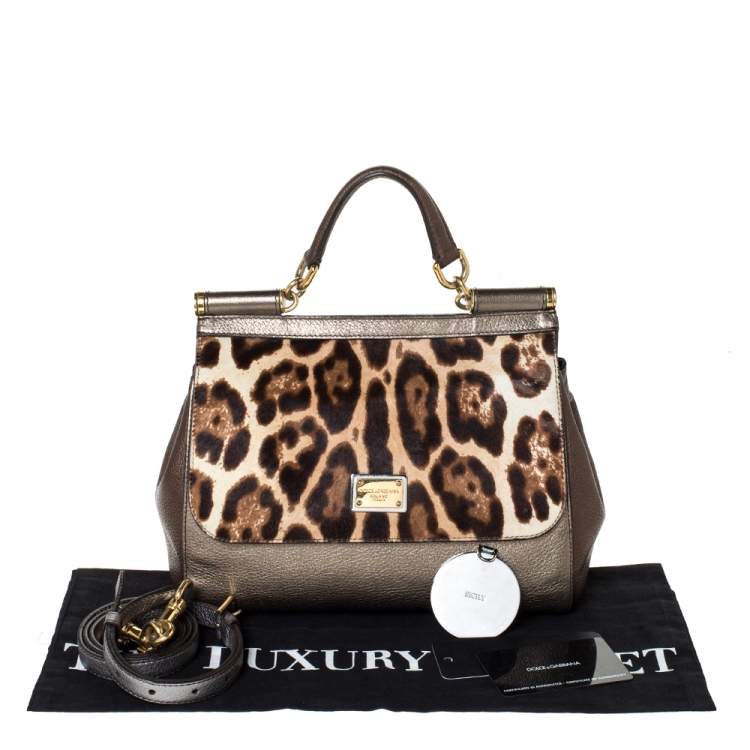 Pre Owned Dolce & Gabbana Metallic Leopard Print Leather and Calfhair Medium Miss Sicily Top Handle Bag