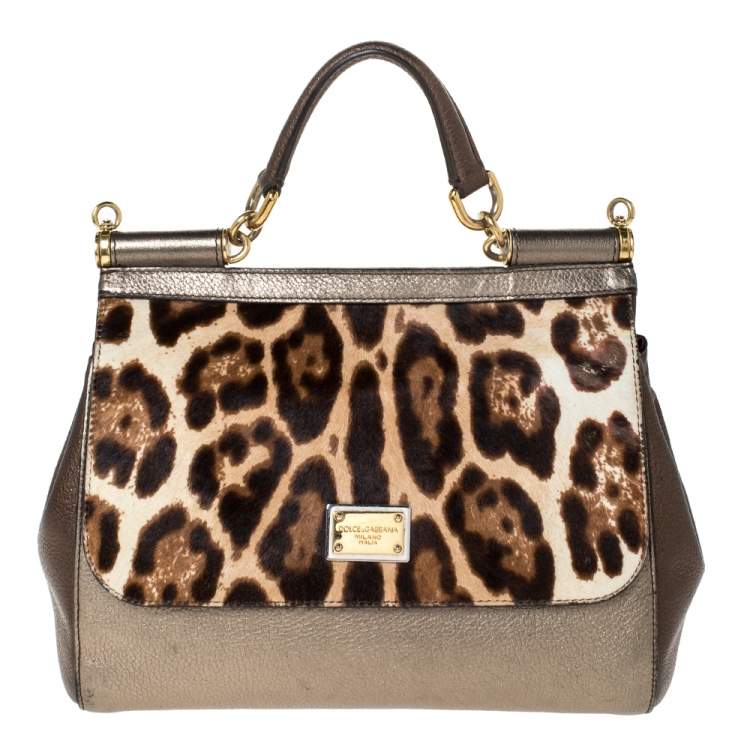 Pre Owned Dolce & Gabbana Metallic Leopard Print Leather and Calfhair Medium Miss Sicily Top Handle Bag