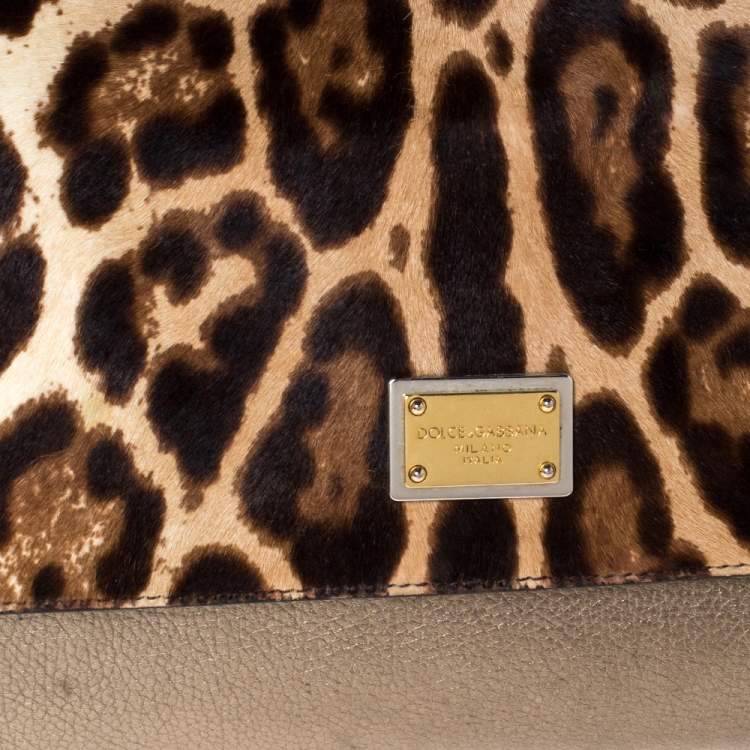 Pre Owned Dolce & Gabbana Metallic Leopard Print Leather and Calfhair Medium Miss Sicily Top Handle Bag