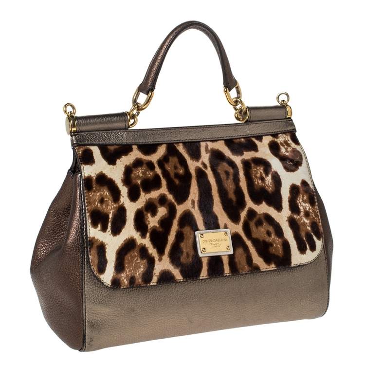 Pre Owned Dolce & Gabbana Metallic Leopard Print Leather and Calfhair Medium Miss Sicily Top Handle Bag
