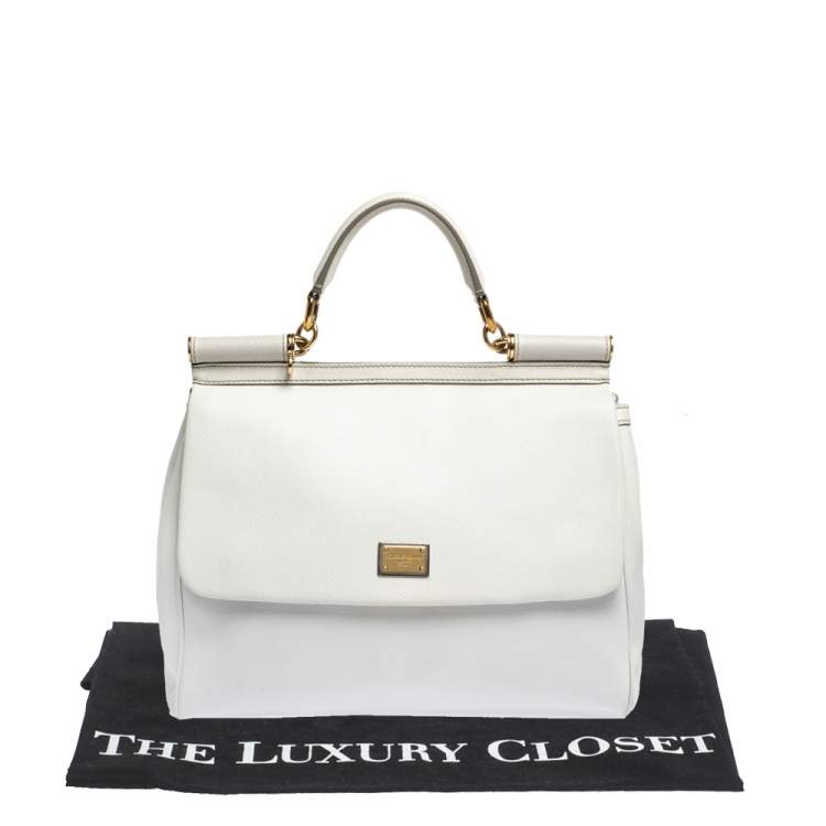 Pre Owned Dolce & Gabbana Off White Leather Large Miss Sicily Top Handle Bag