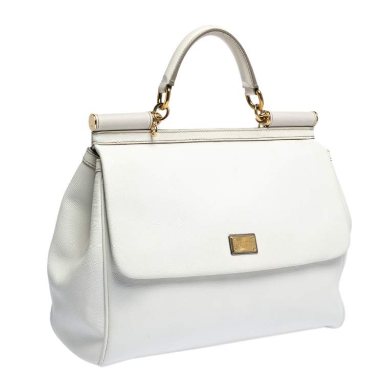 Pre Owned Dolce & Gabbana Off White Leather Large Miss Sicily Top Handle Bag